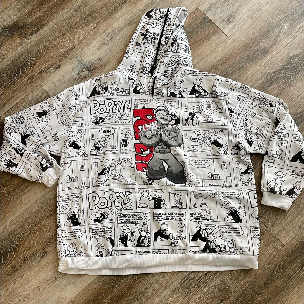 Popeye mens size 4XL pullover hoodie graphic sweatshirt comic strip white black